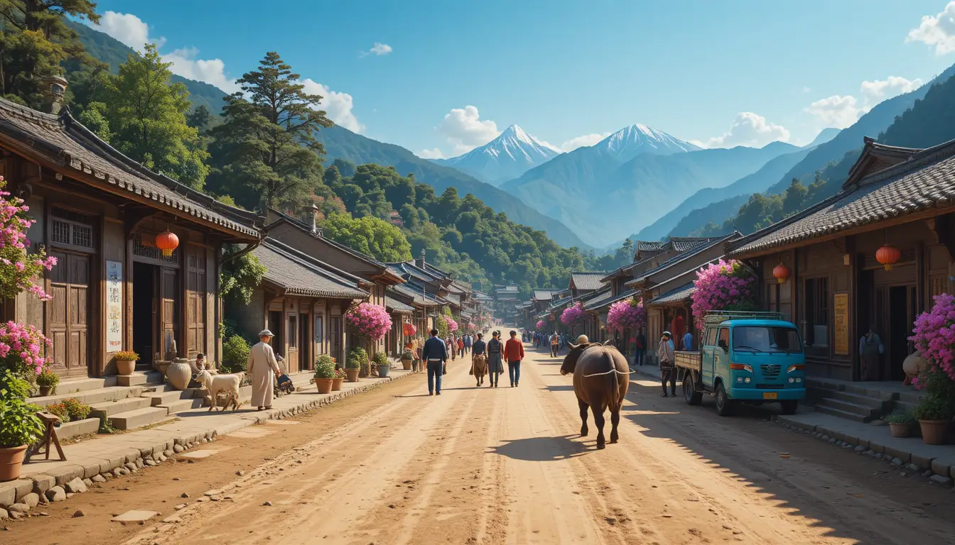 Traditional Taiwanese mountain village street on a sunny day