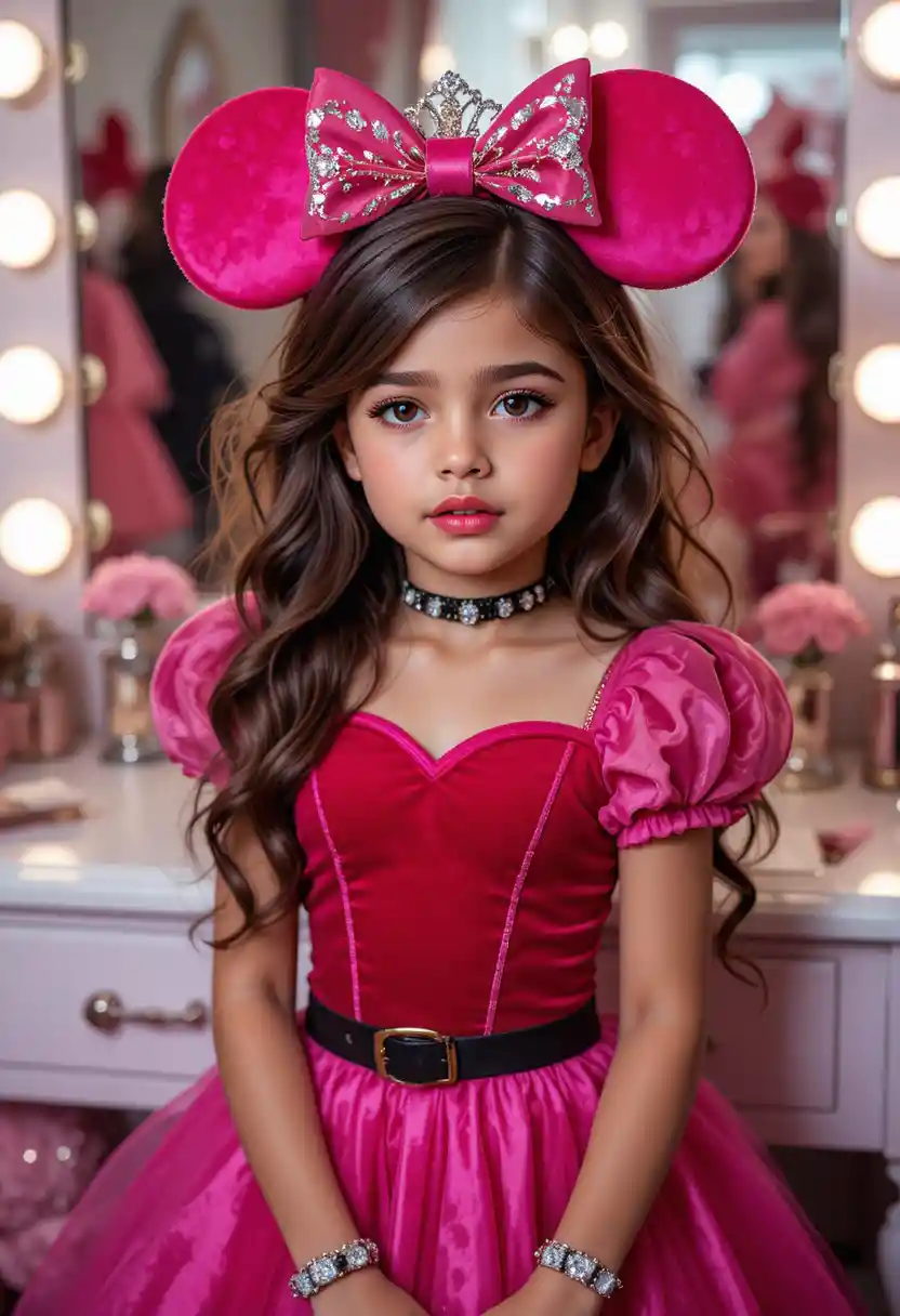 Nervous tween boy in princess costume at vanity mirror