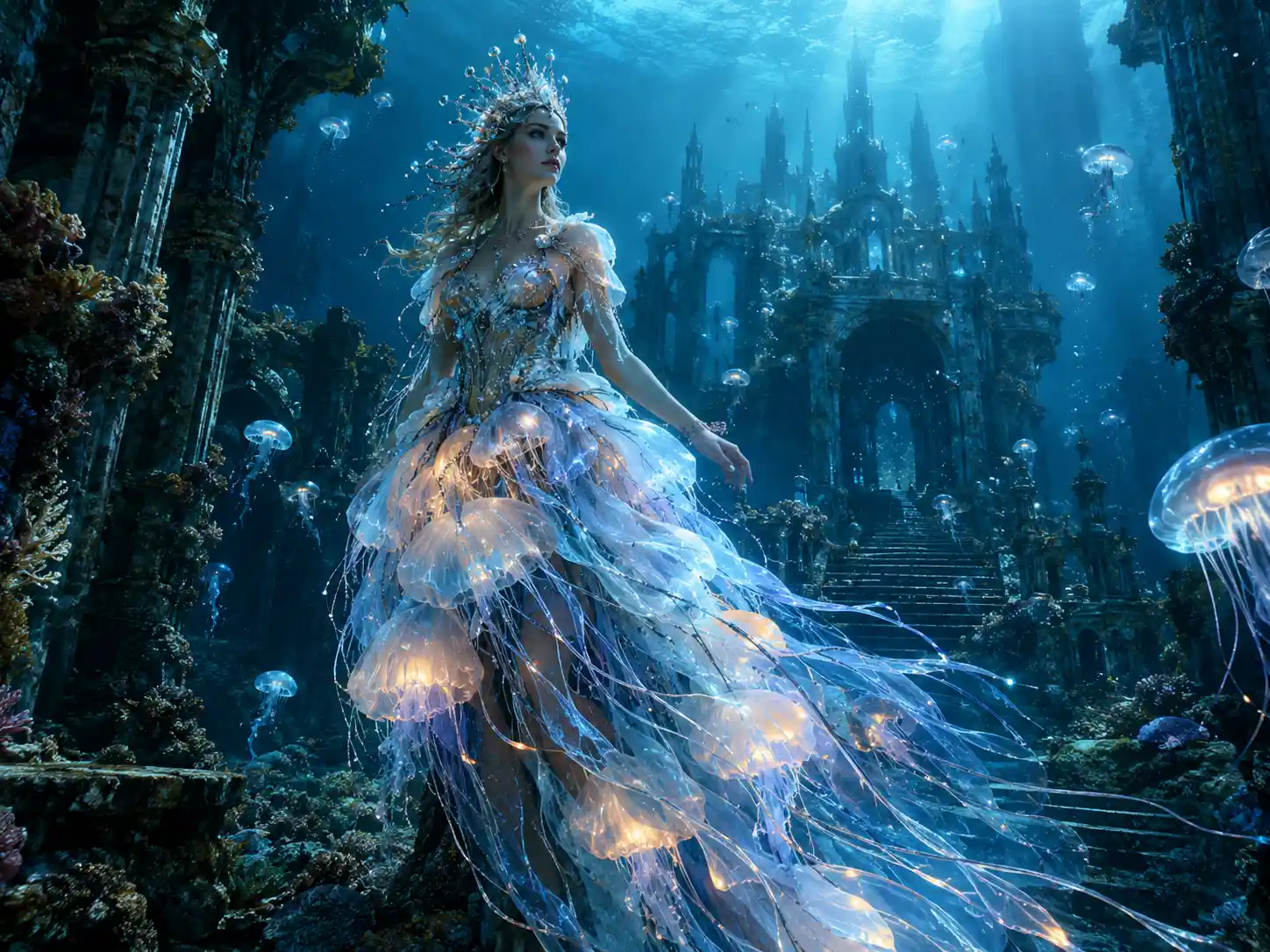 Underwater queen gliding through a ruined ocean palace