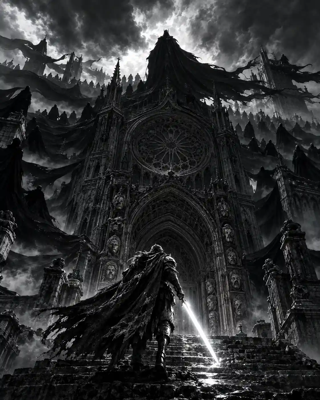 Lone Armored Warrior Climbing Toward Gothic Cathedral Archway