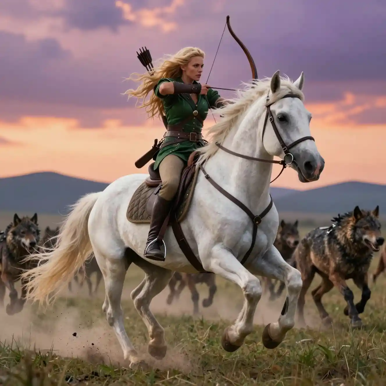 Blonde warrior woman riding a white horse at sunset