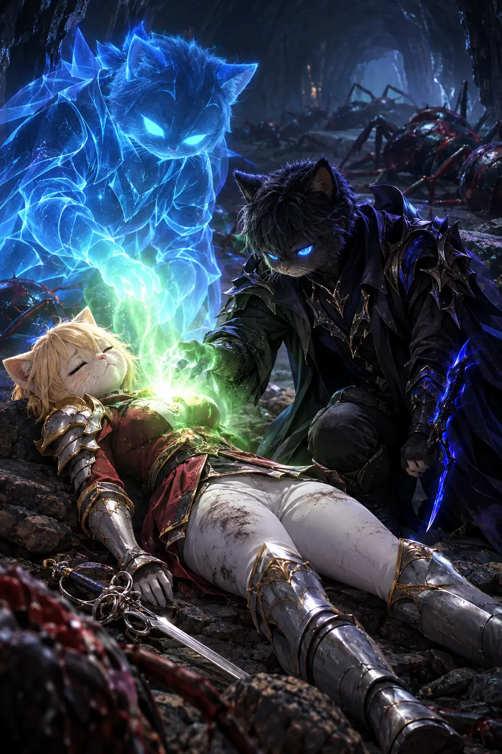 Injured knight cat healed in dark ant cave