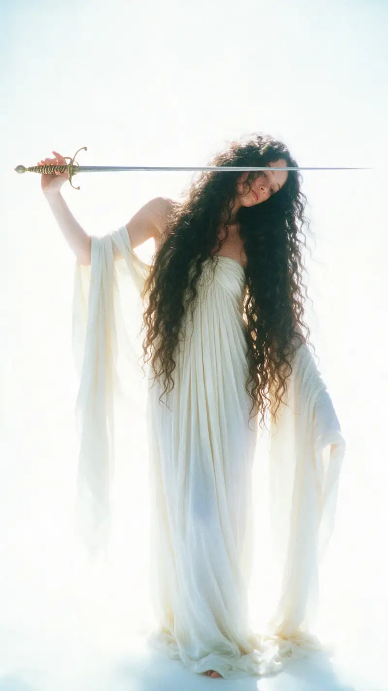 Ethereal woman in white gown with rapier on white background