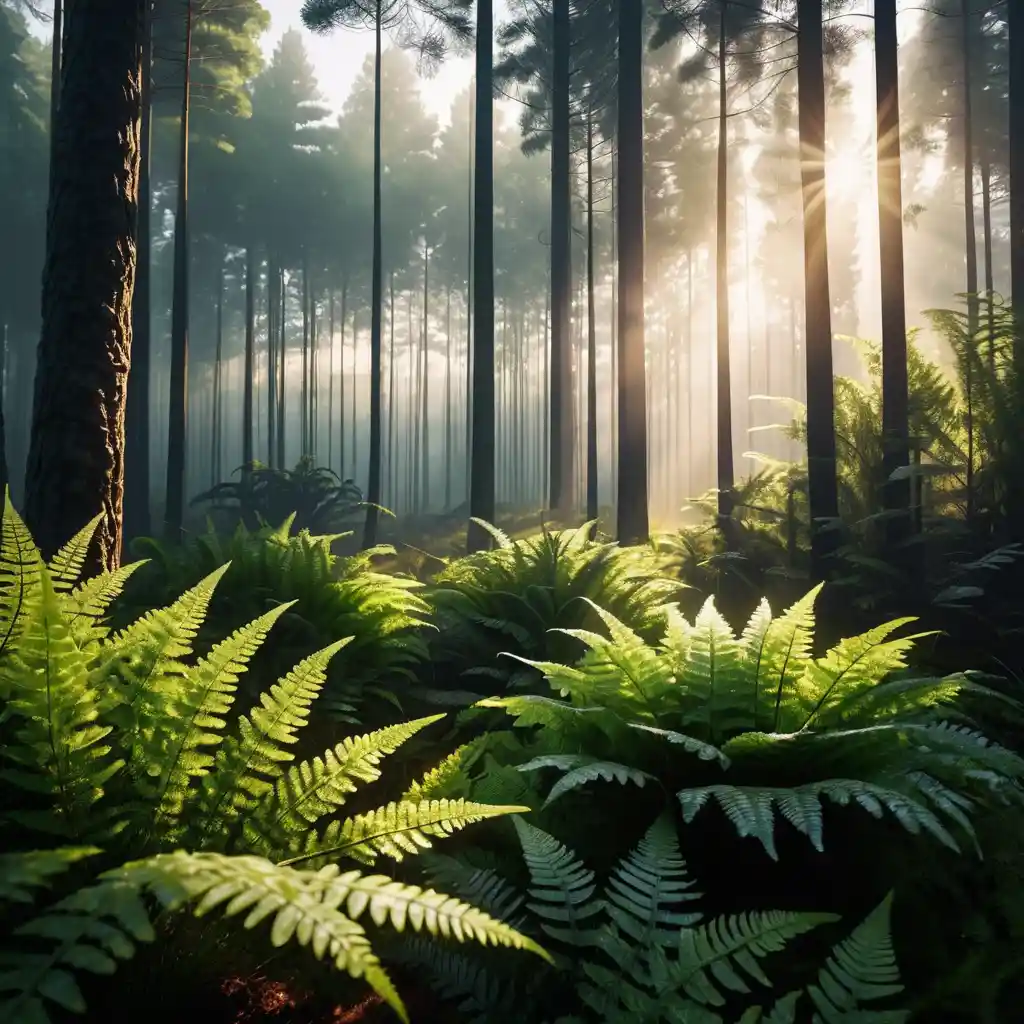 Sunrise Sun Rays In A Misty Pine Forest Landscape