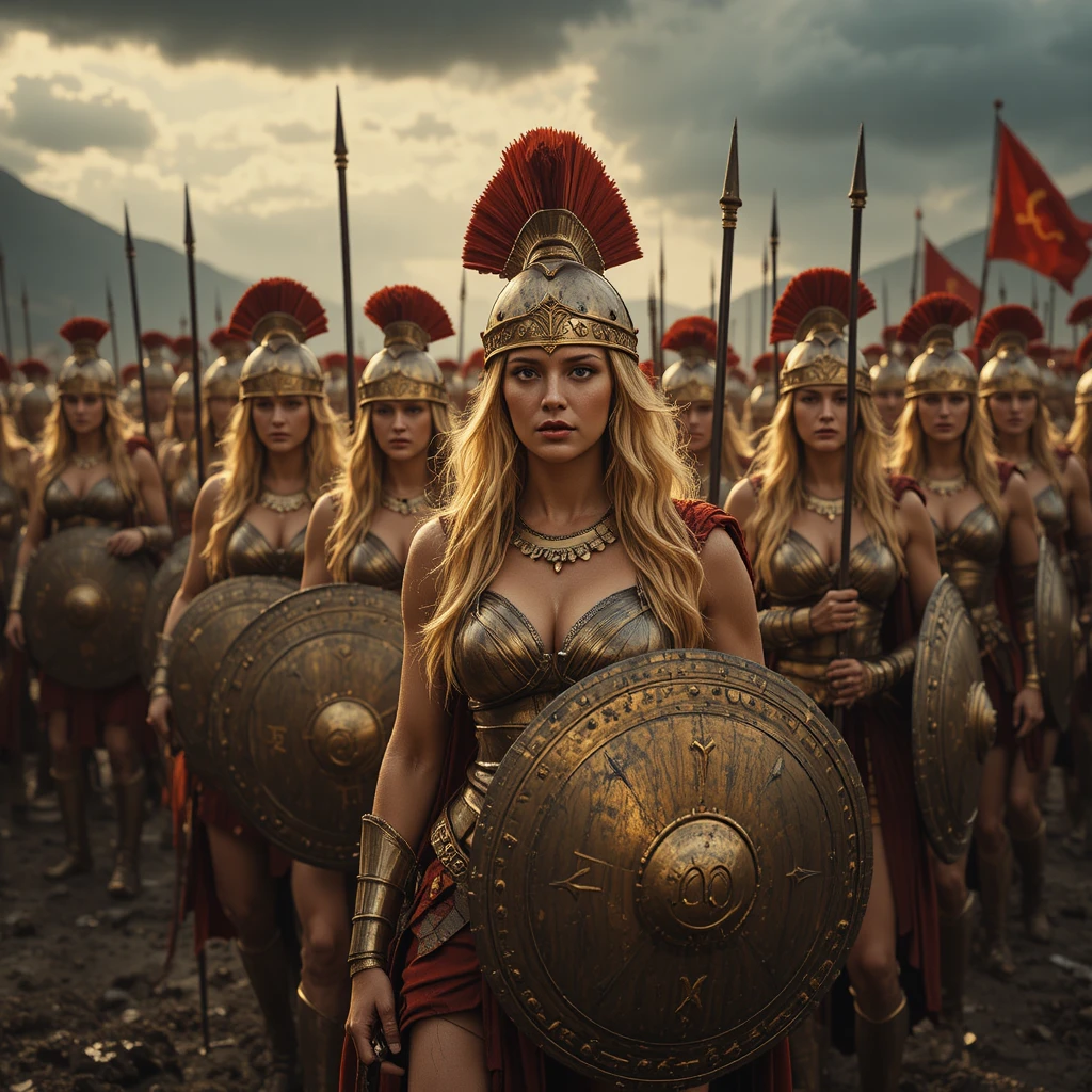 Blonde amazon warriors in a bronze phalanx on battlefield