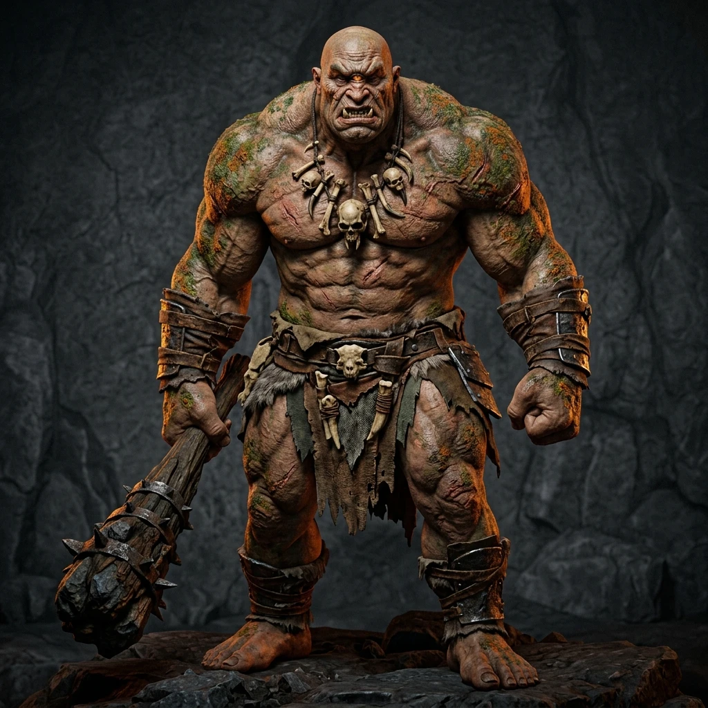 Muscular 3D Cyclops With Club On Gray Studio Background