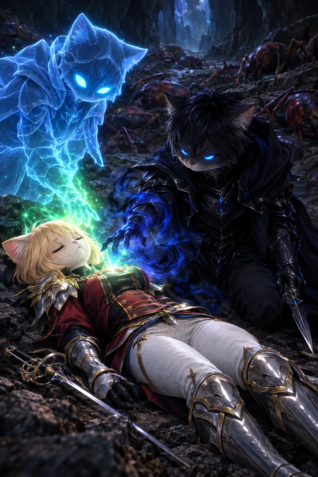 Injured knight cat aided by shadow healer in cave