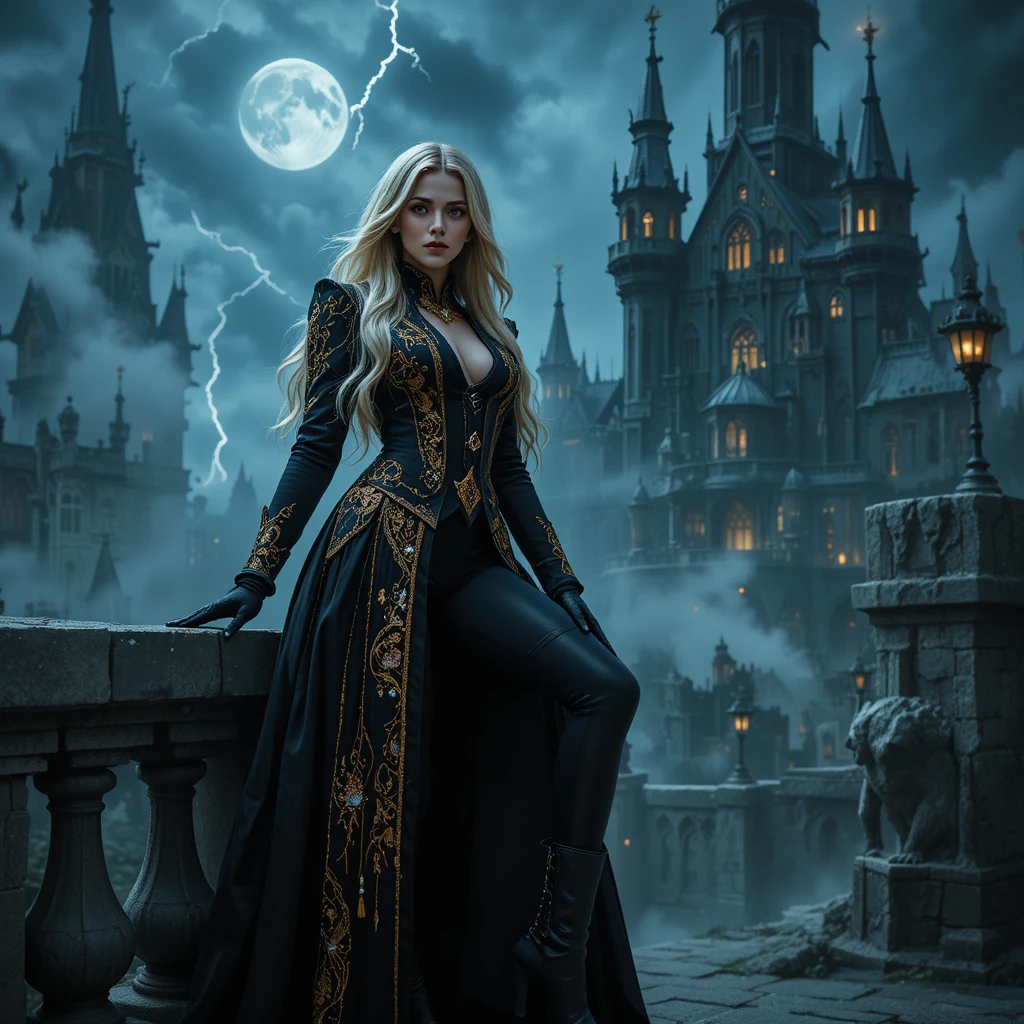 Blonde woman on gothic balcony under stormy night sky