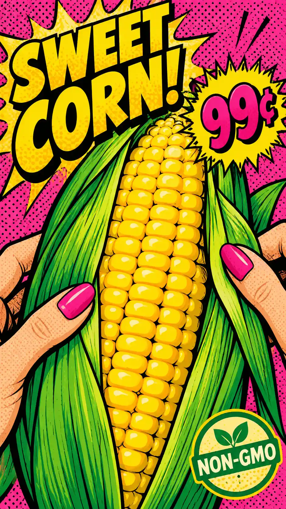 Pop art close up of hands peeling bright green corn husks