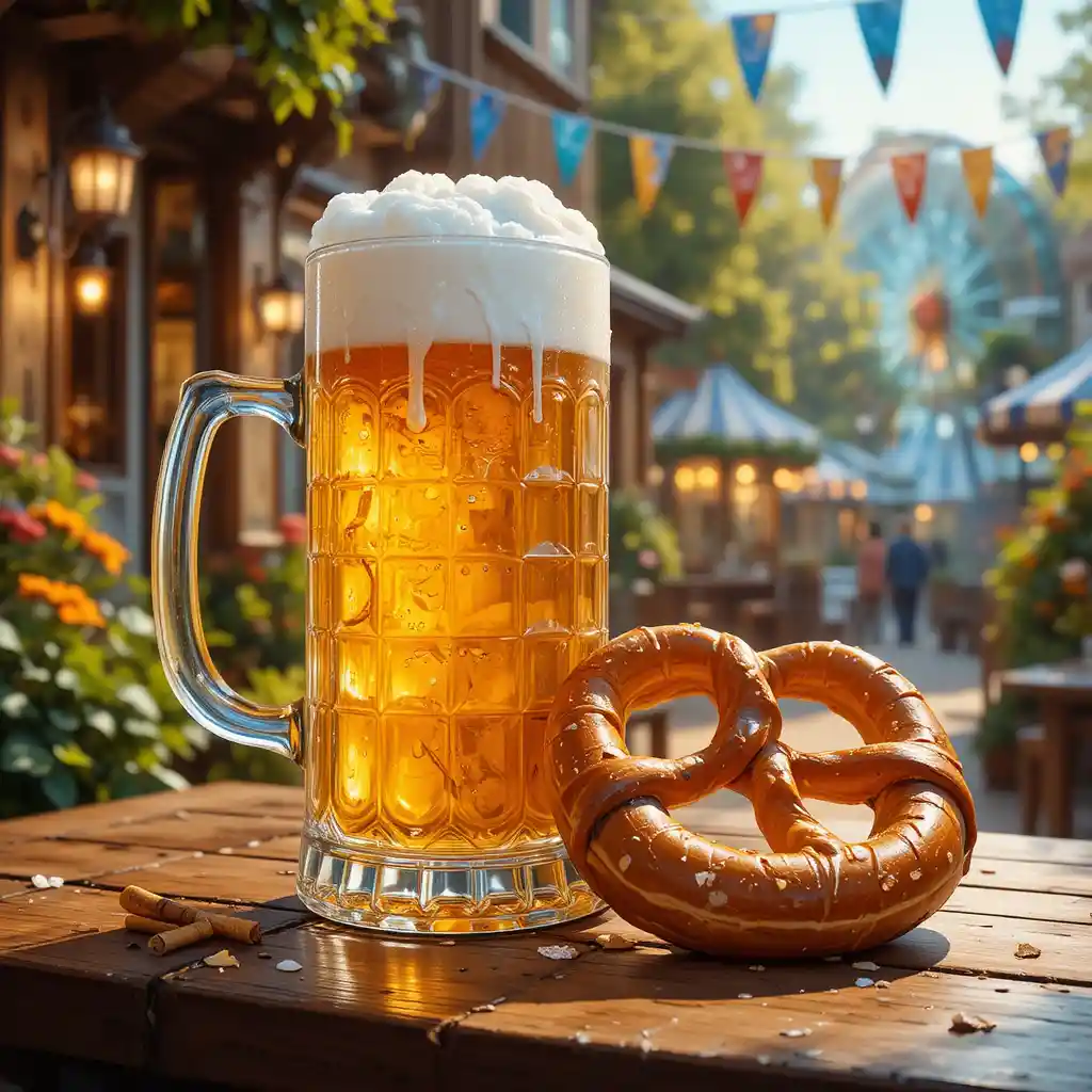 Golden Beer Stein And Pretzel In Bavarian Beer Garden
