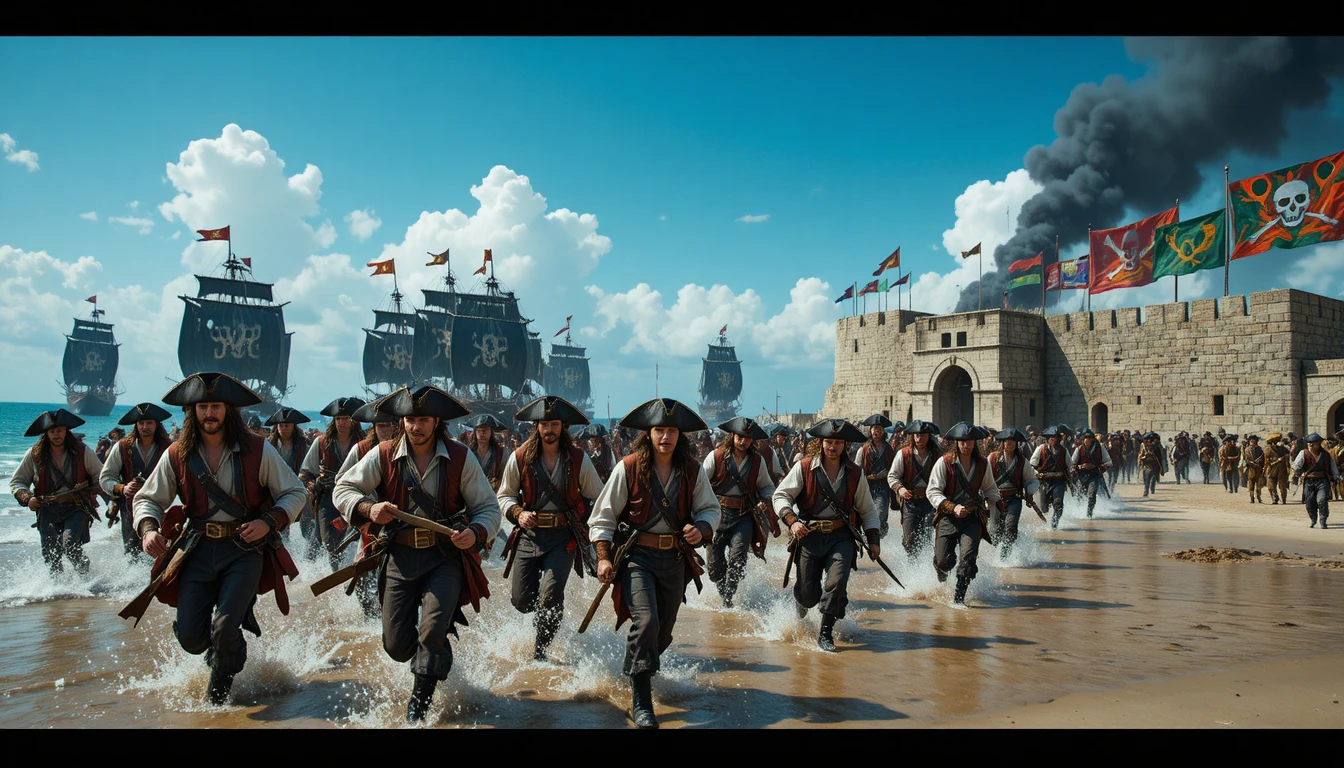 Pirates Charging A Coastal Fortress In Cinematic Battle Scene