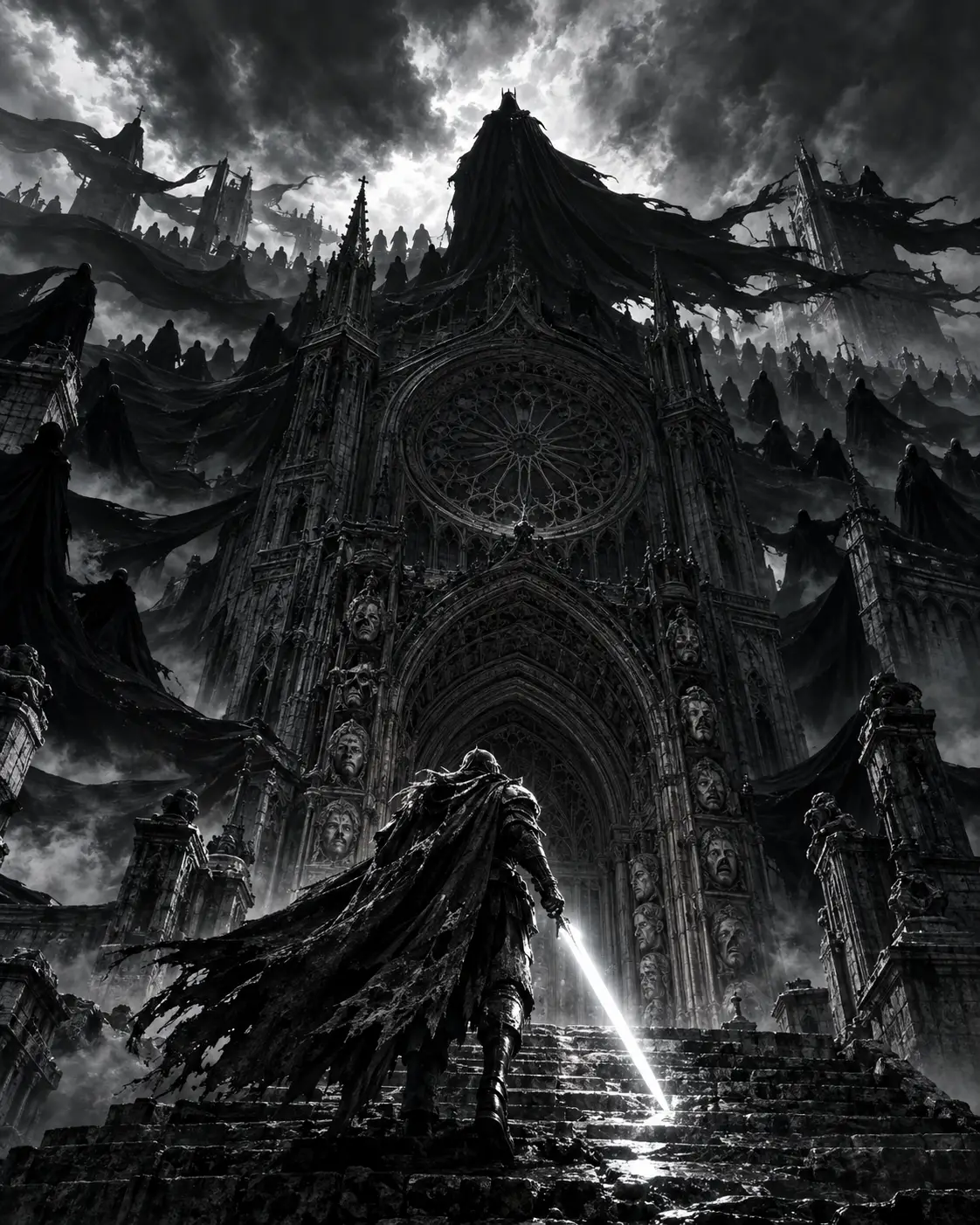 Lone Armored Warrior Climbing Toward Gothic Cathedral Archway