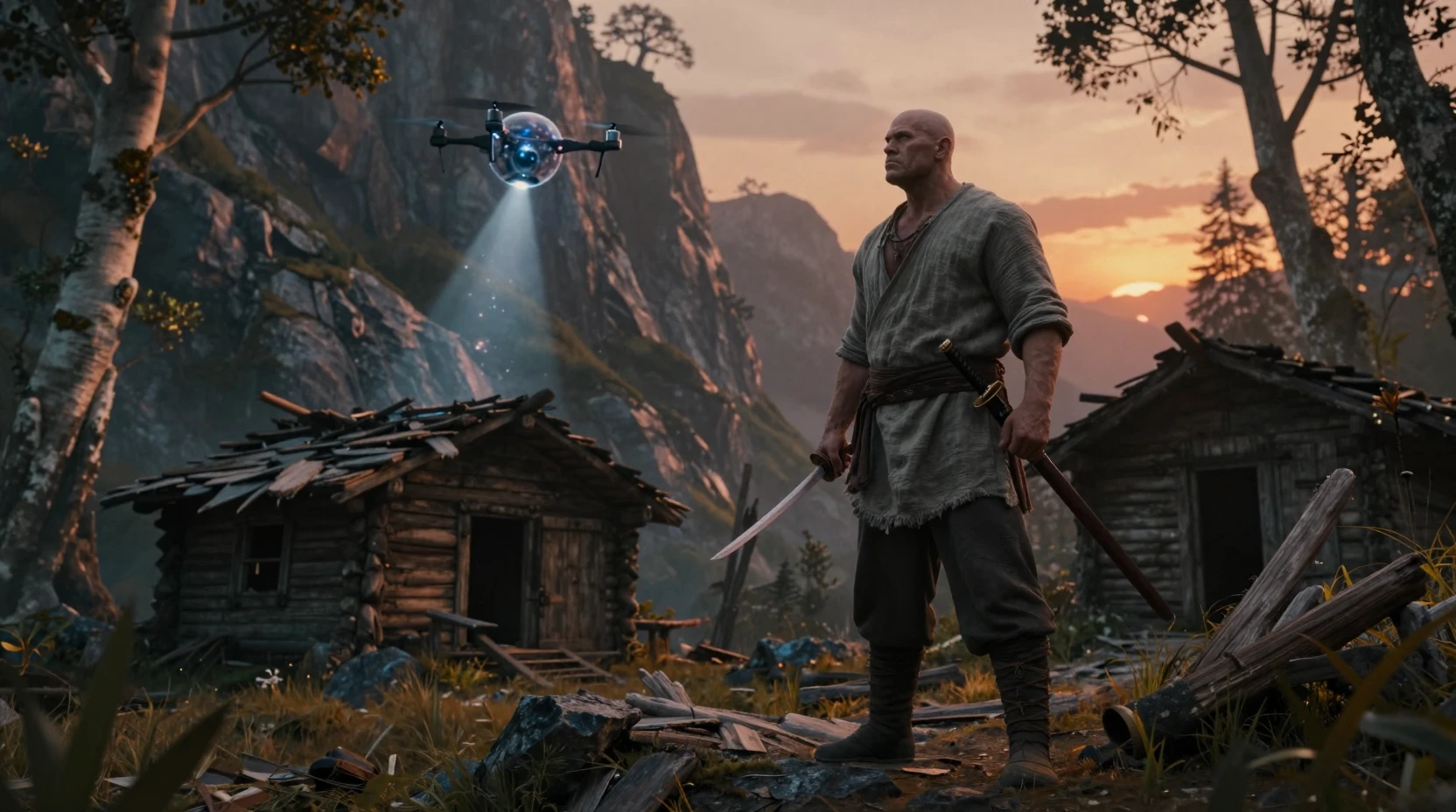 Warrior in a fantasy clearing at dusk with glowing drone