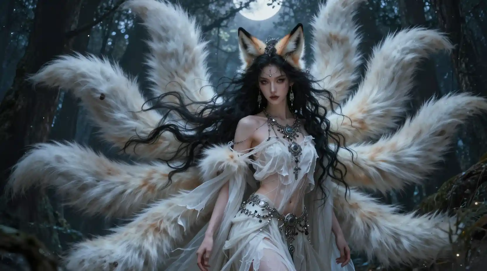 Mythical nine tailed fox woman in a moonlit dark forest