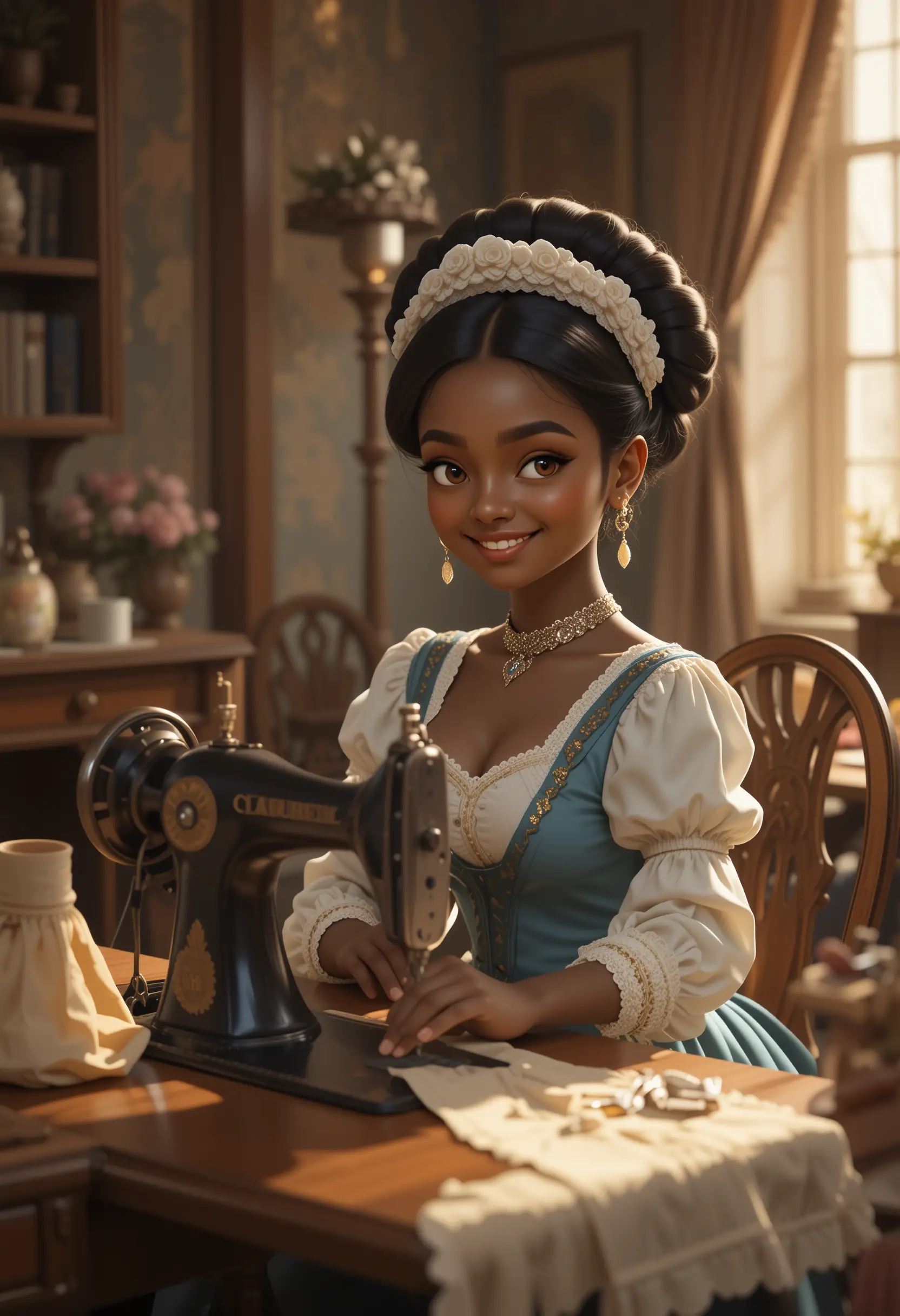 Young woman sewing at a vintage table in a cozy room