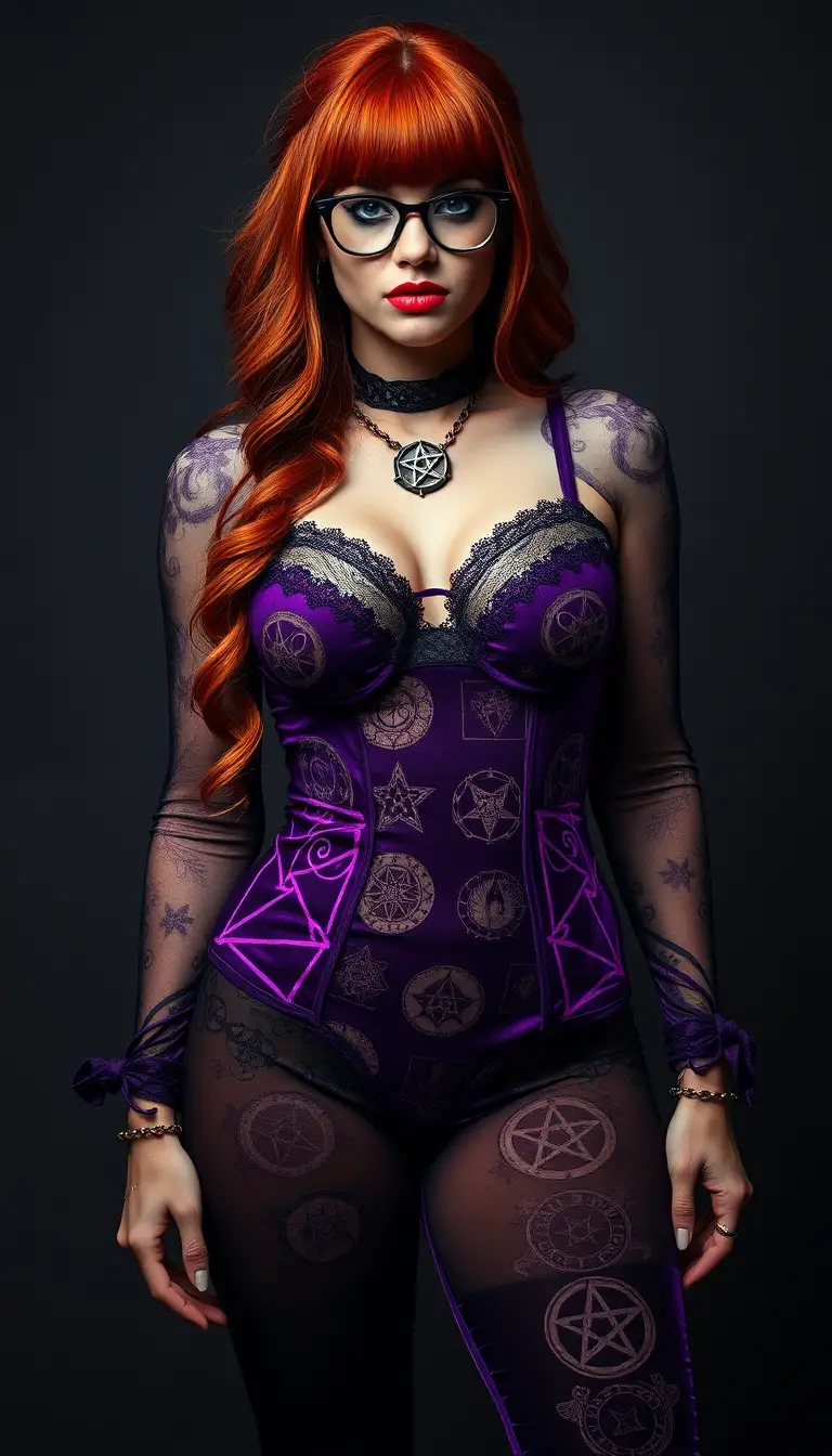 Mystical redhead woman in purple occult inspired lingerie