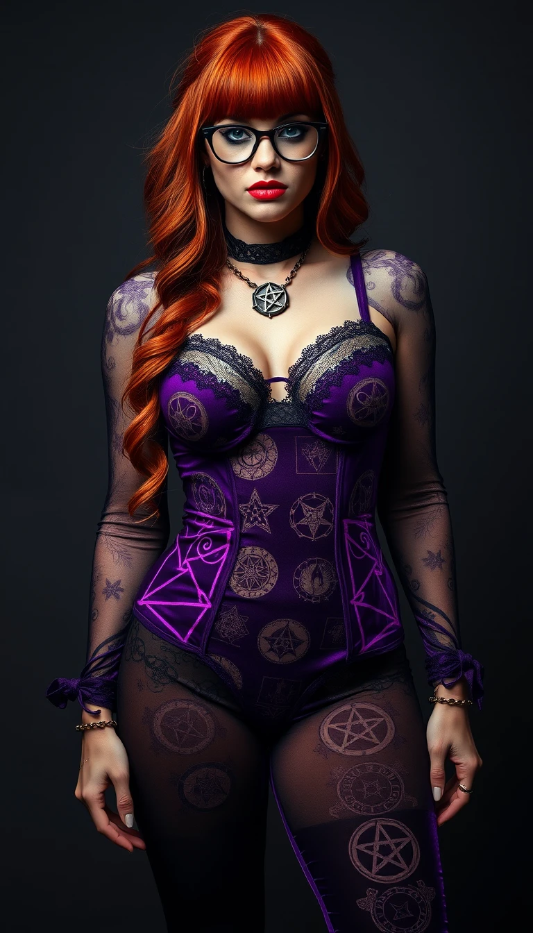 Mystical redhead woman in purple occult inspired lingerie