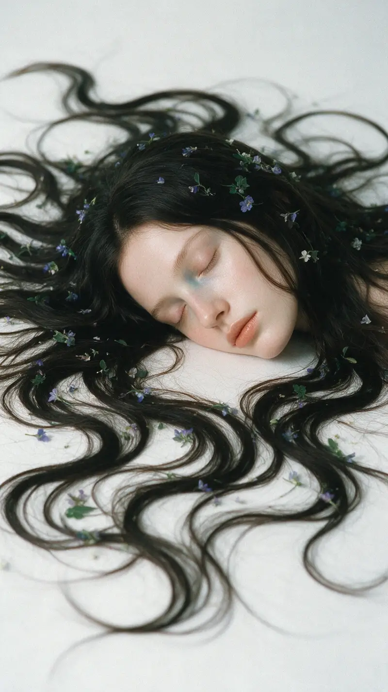 Woman with flowing black hair and tiny wildflowers