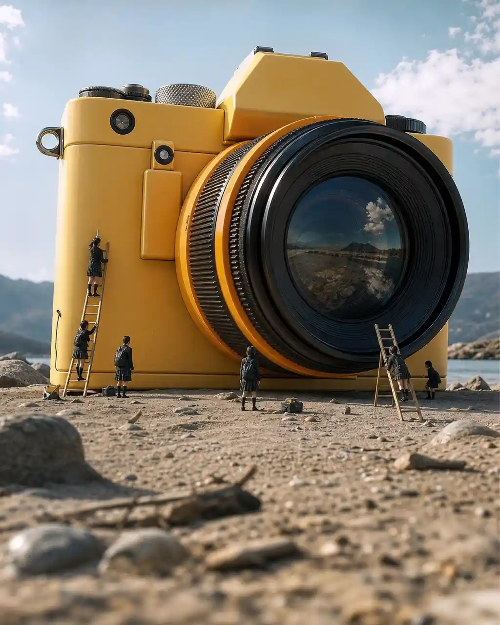 Tiny people around a gigantic everyday object in surreal scale
