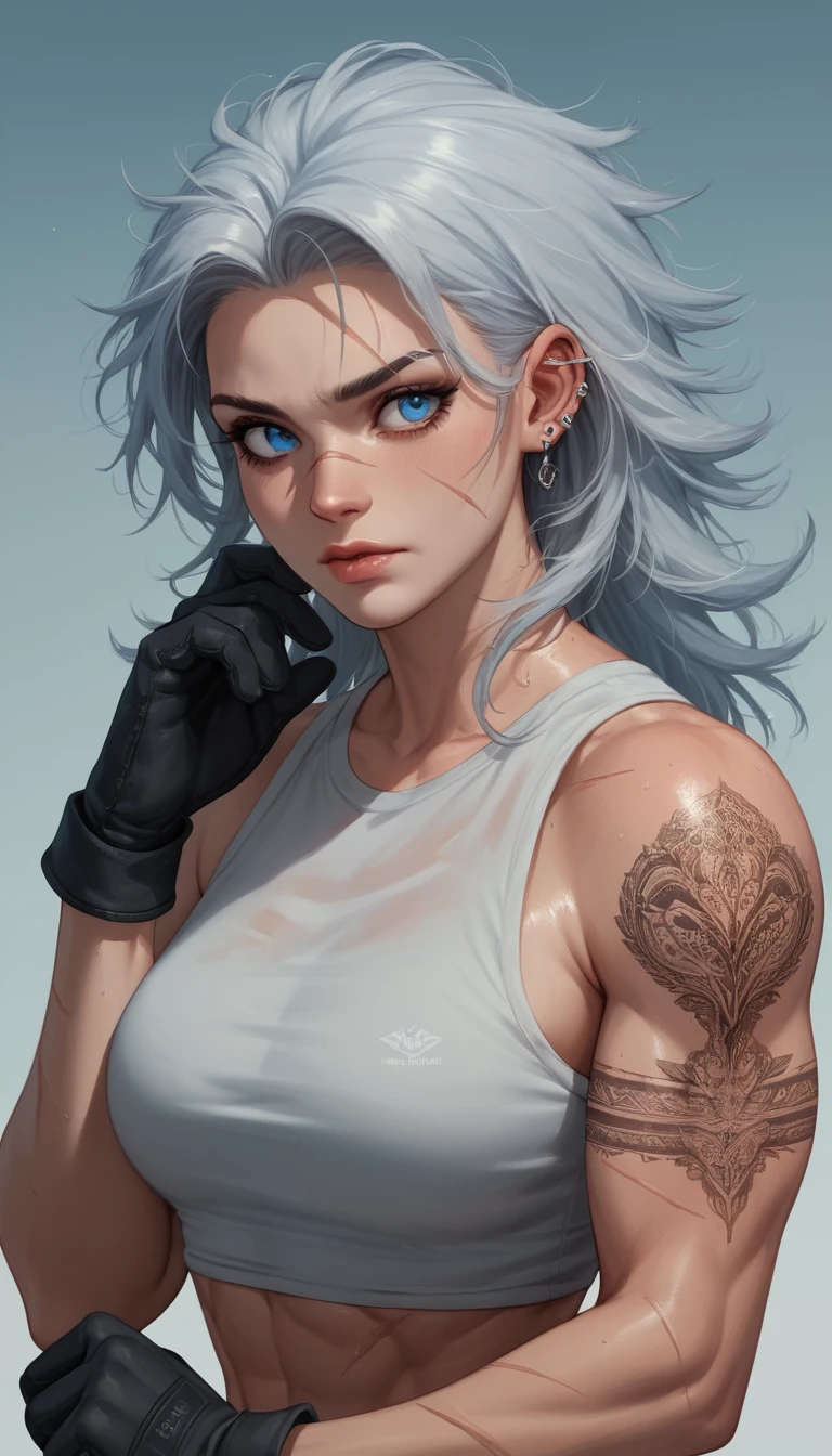 An anime woman poses confidently with tearful blue eyes and intricate tattoos