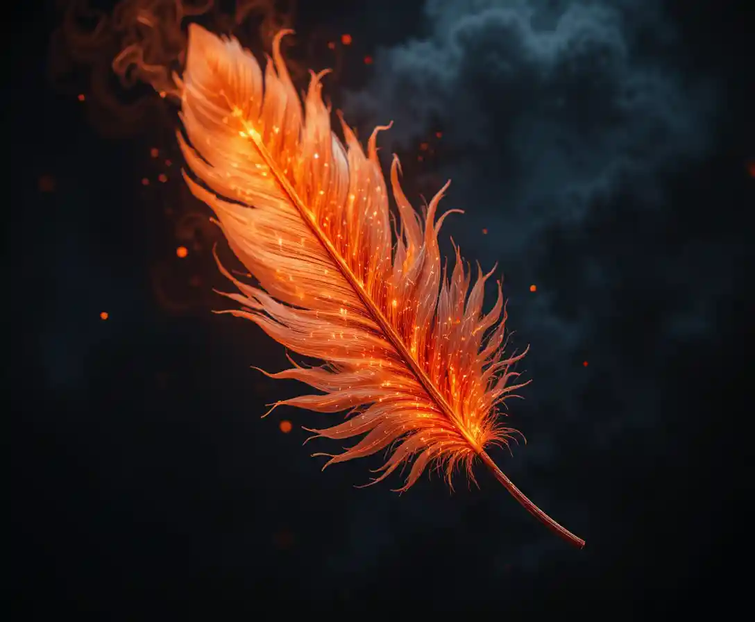 A fiery feather formed from dancing orange and red flames