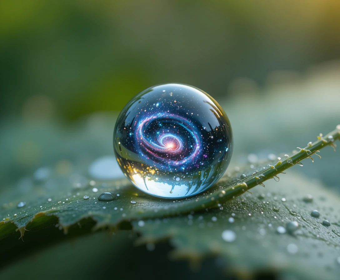 A Spherical Water Droplet Holds a Tiny Swirling Galaxy Above a Green Leaf