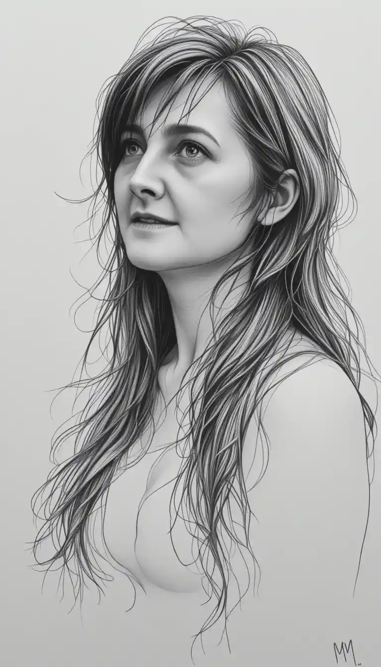 A black and white pencil portrait of a woman with flowing hair