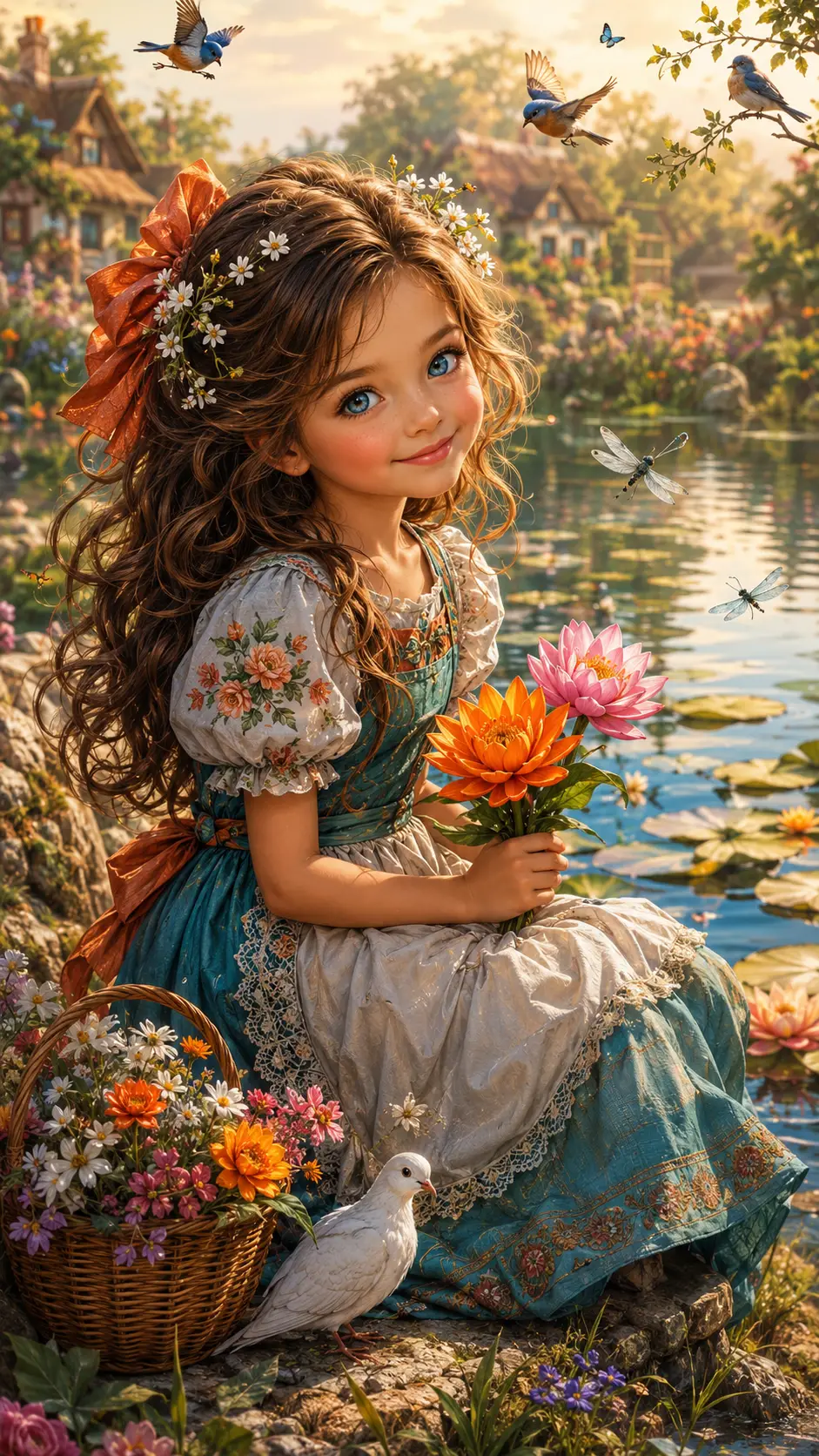 A smiling young girl sits beside a sunlit countryside pond