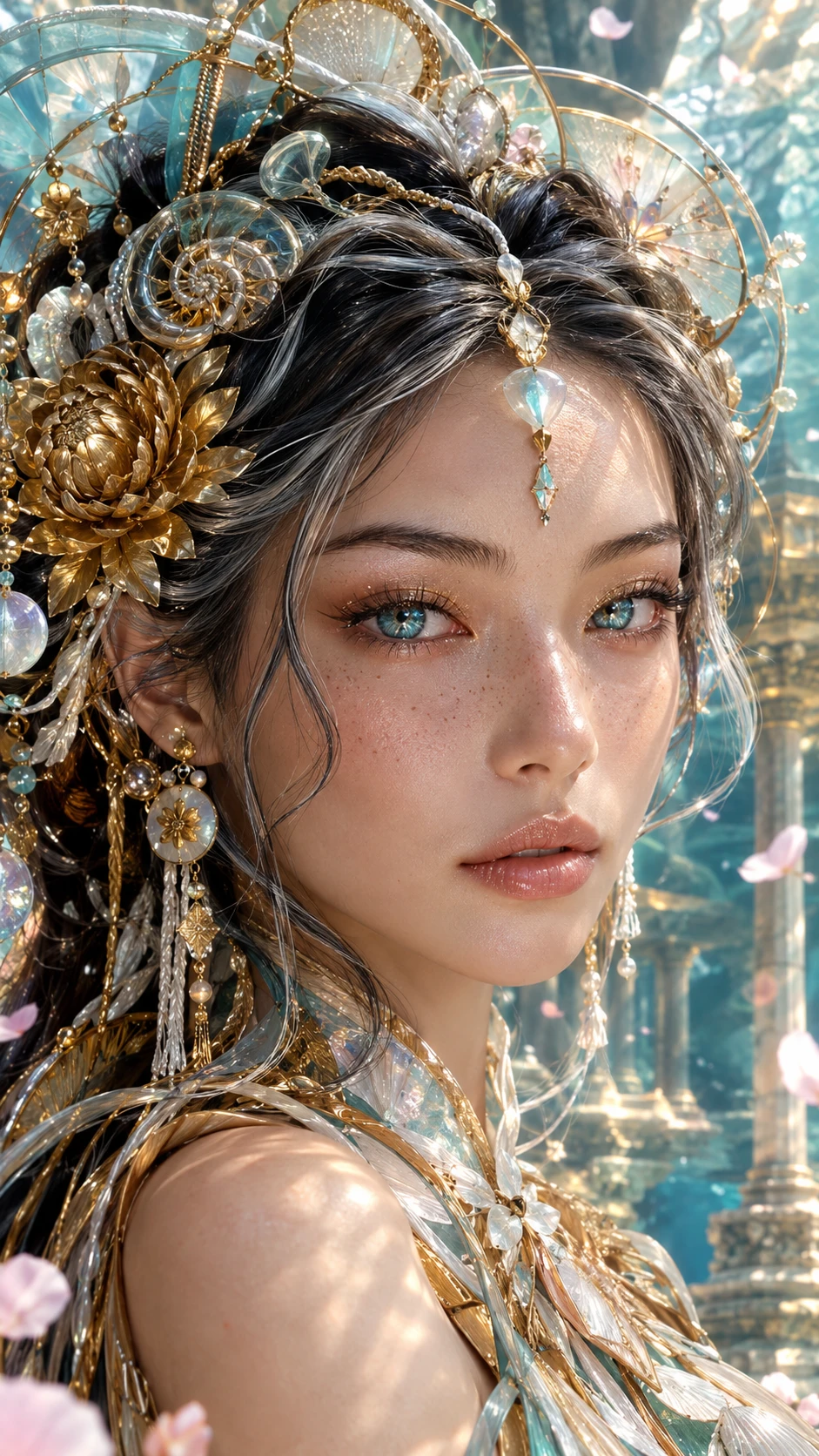 A woman with sculptural gold and sea glass hair in a close portrait