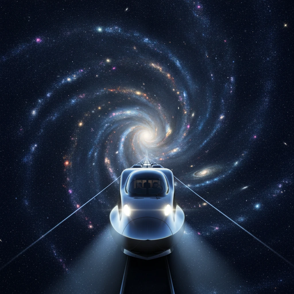 A train speeds across a starry sky with headlights cutting through darkness