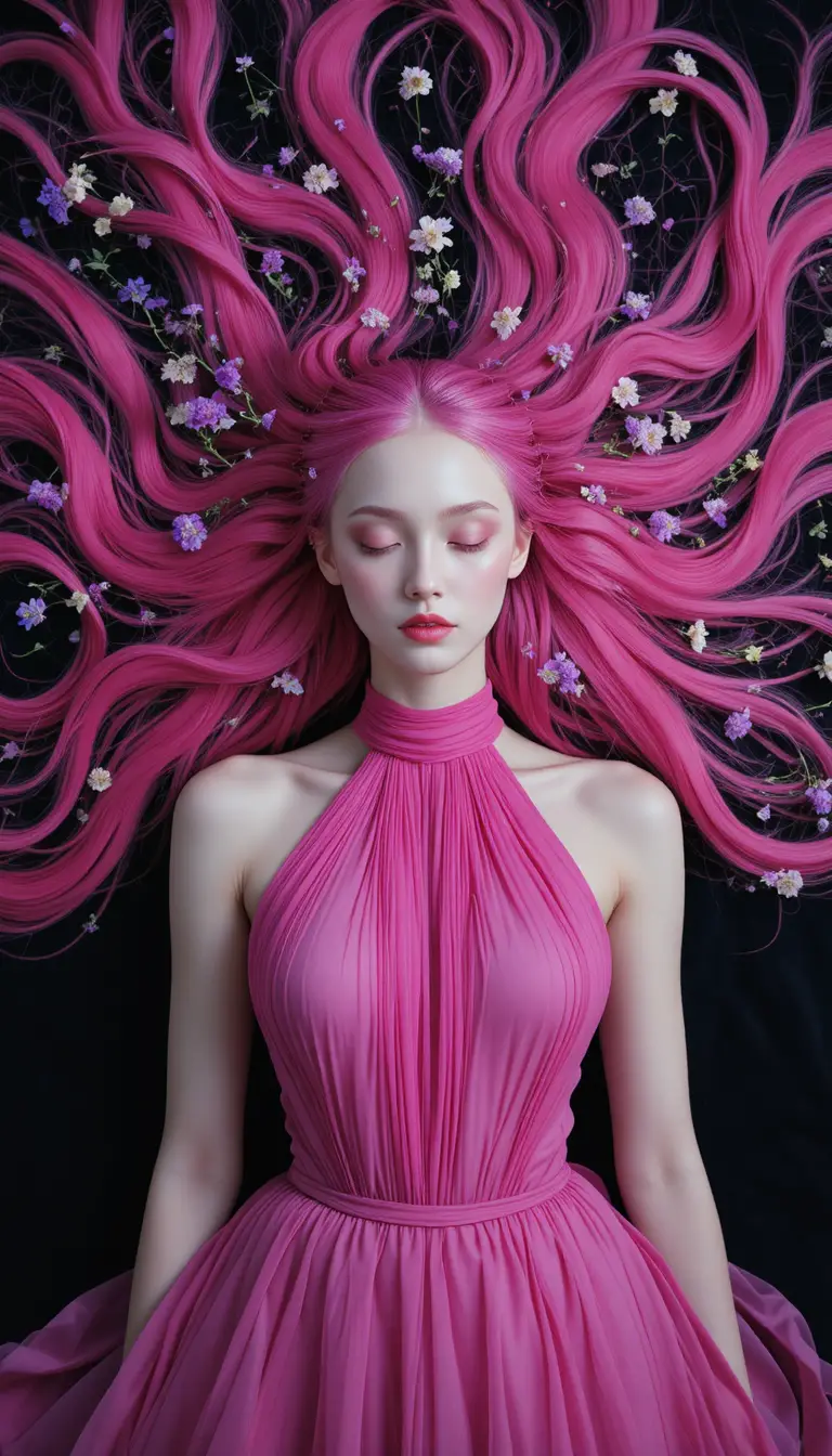 A young woman rests beneath flowing pink hair and tiny wildflowers