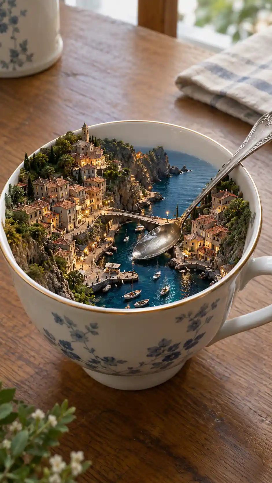 A porcelain teacup holds a miniature coastal village on a kitchen table