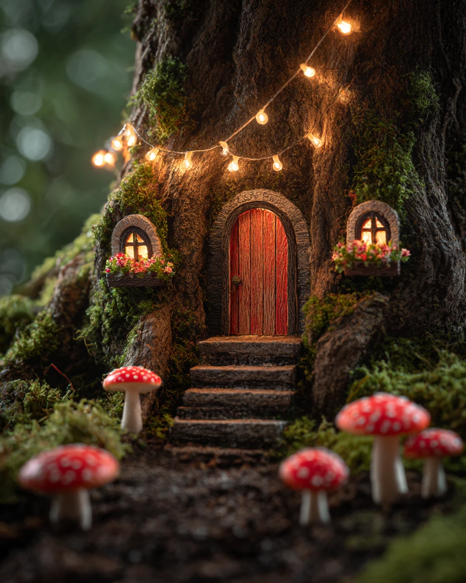 A miniature fairy house nestled within an ancient mossy tree