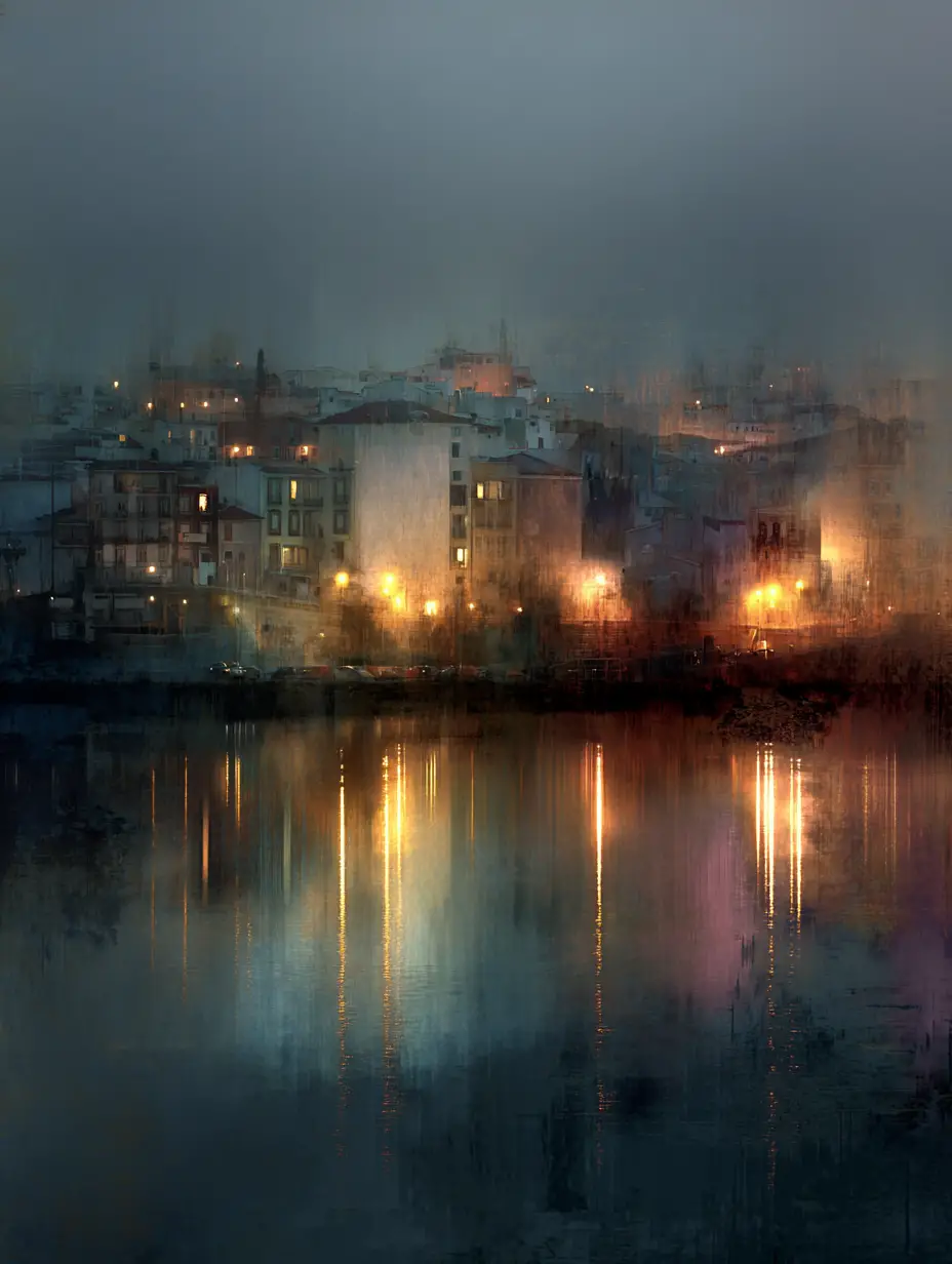 A surreal cityscape emerging through soft, dreamlike haze