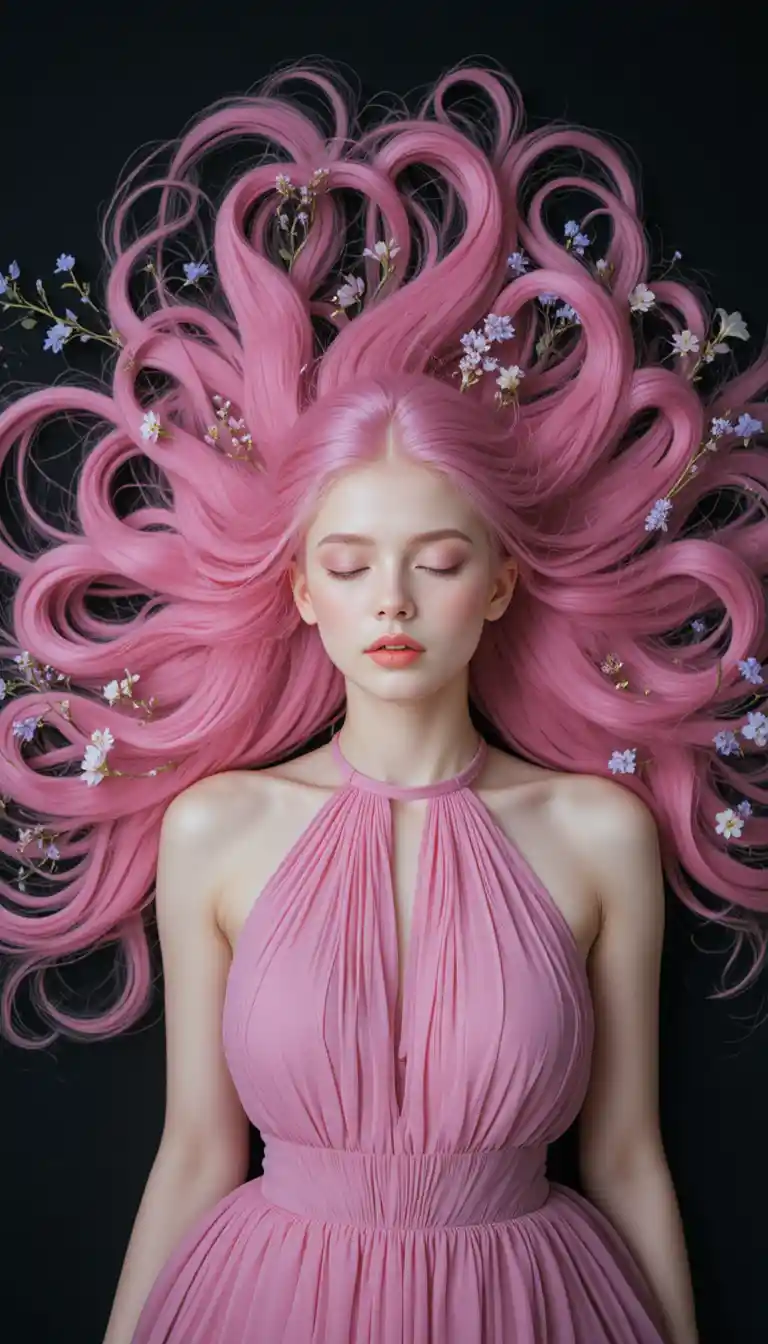 A Young Woman Lies Amid Flowing Pink Hair on Black