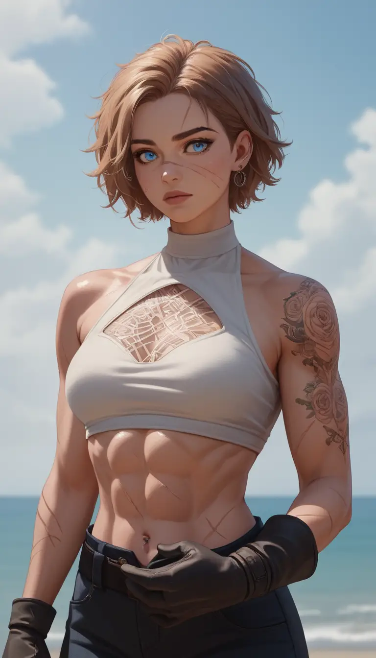 Anime cat heroine poses with tearful blue eyes and intricate tattoos