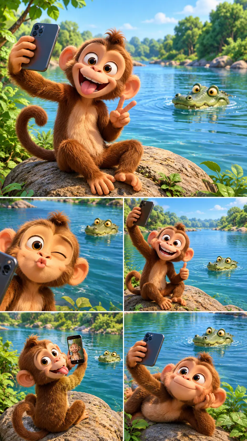 A playful monkey takes a smartphone selfie beside a scenic river
