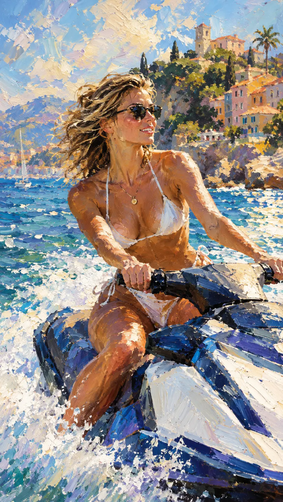 A woman in a bikini rides a jet ski across sunlit Mediterranean waters