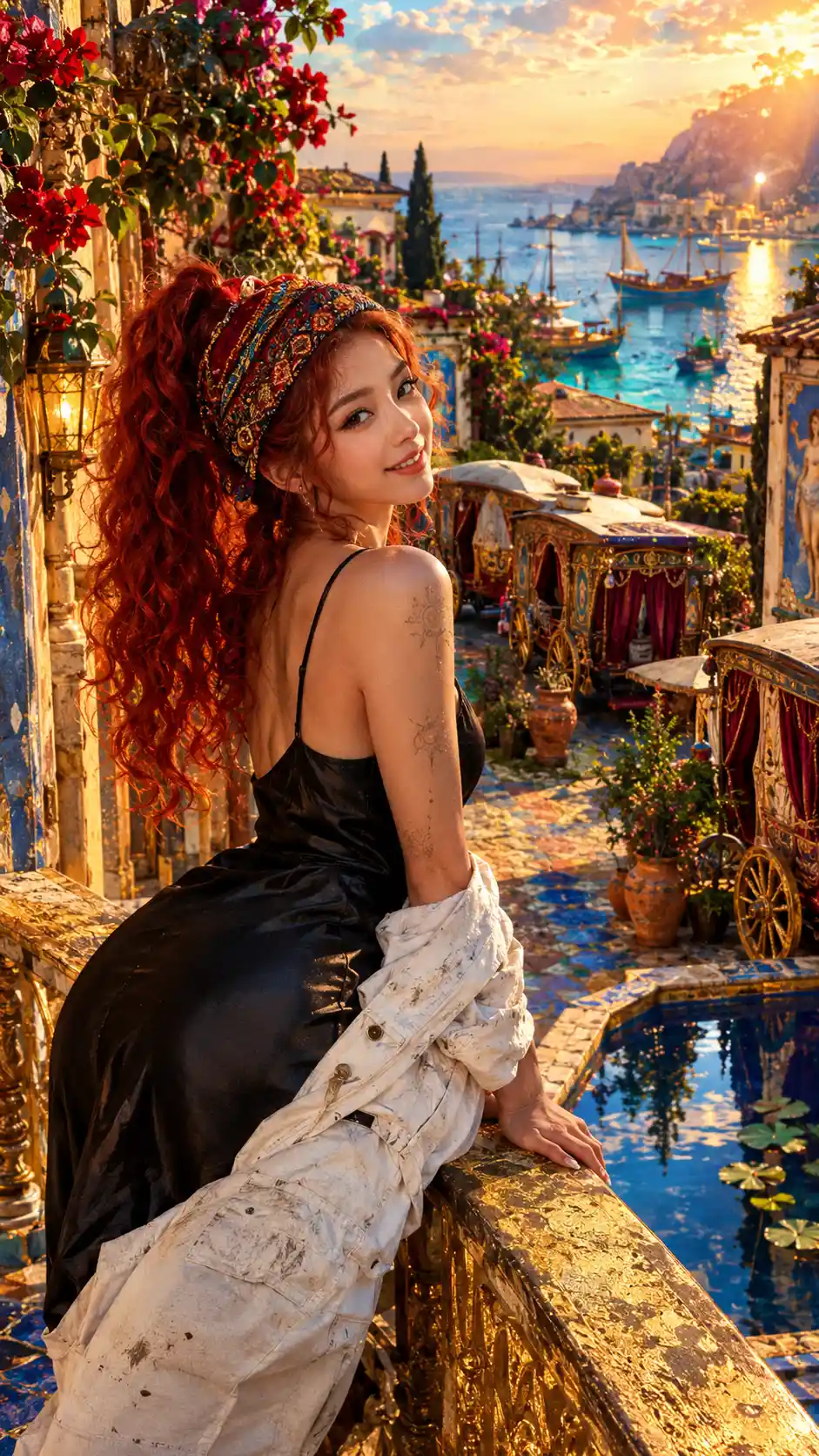 A red-haired woman leans from a balcony in a cobblestone alley