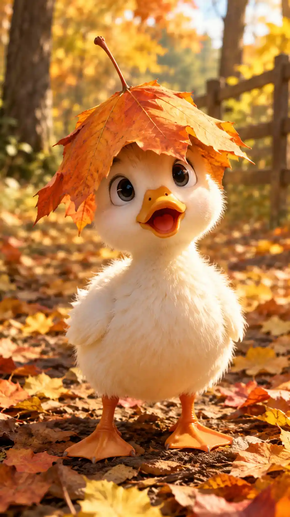A White Duckling Wears an Autumn Maple Leaf Hat in the Forest