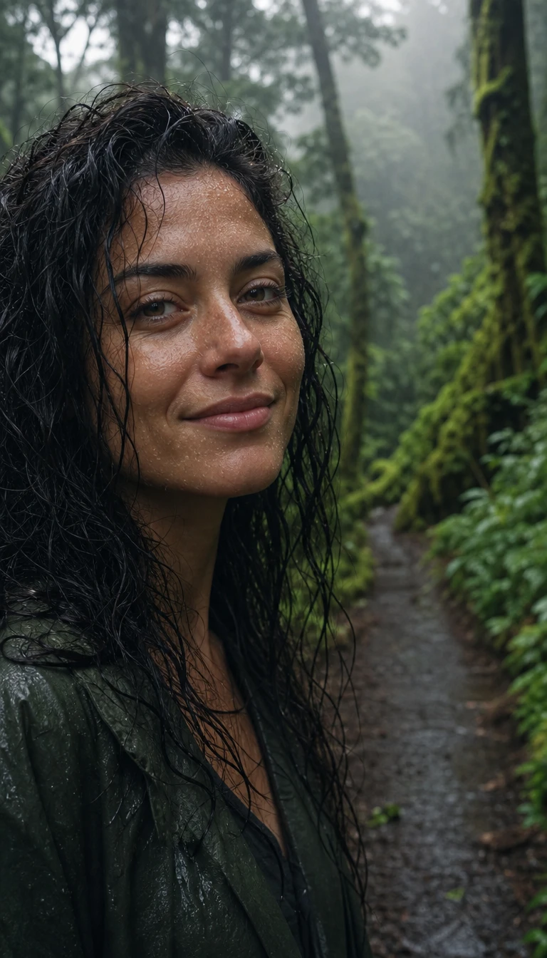 A woman with rain on her face beside a mossy forest path