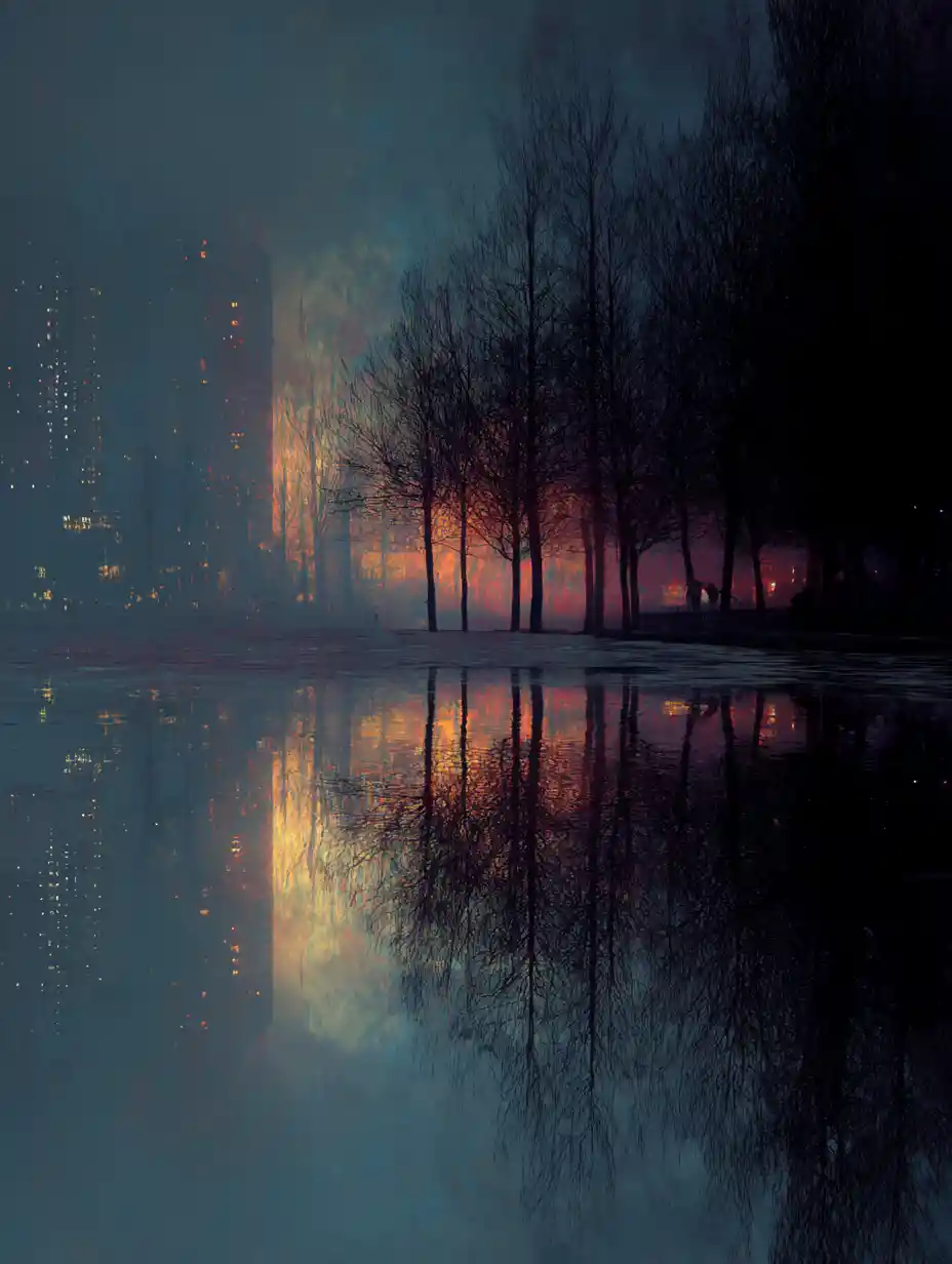 A dreamlike surreal cityscape in rich dark pop colors