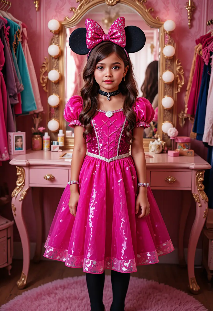 A tween boy pouts in a princess Minnie Mouse costume at a vanity