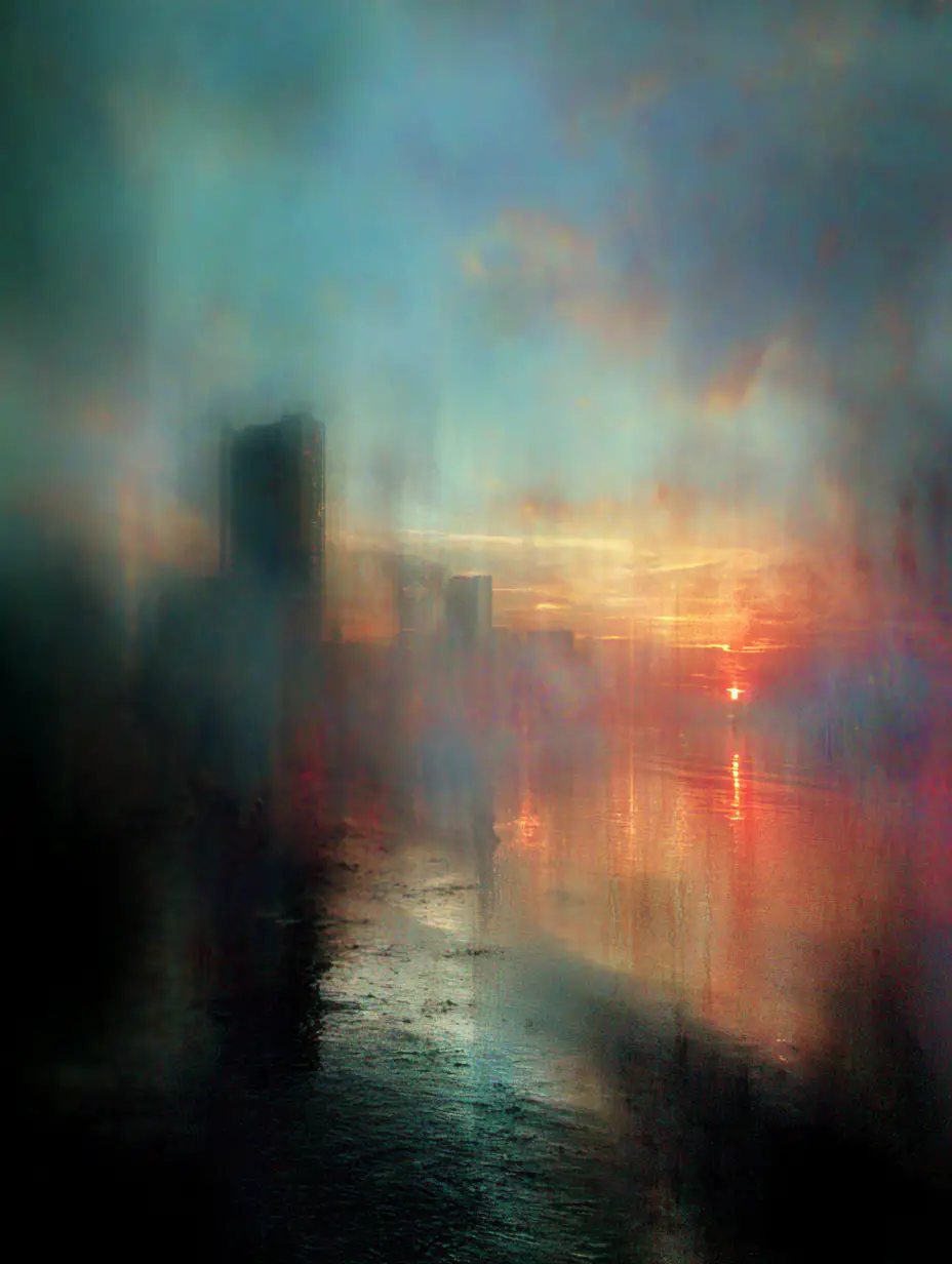 A dreamlike cityscape in rich colors and soft spectral haze