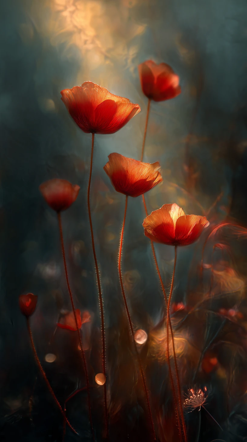 Red blossoms glow in golden light with soft bokeh