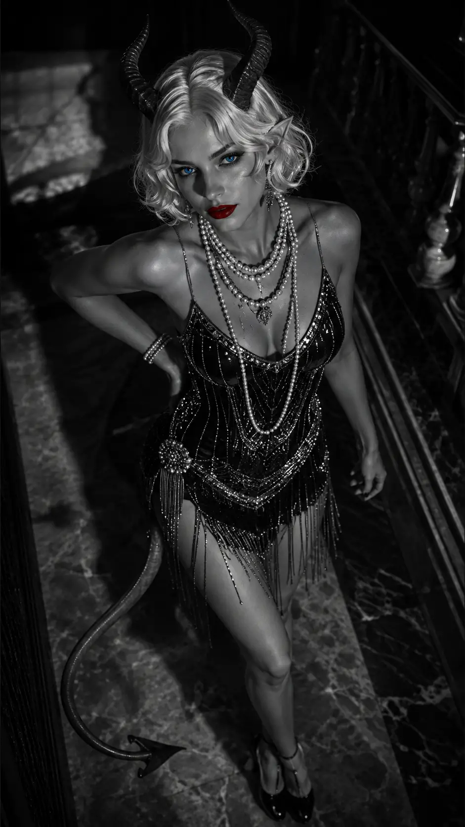 A tiefling woman poses in a sequined flapper dress with curved horns
