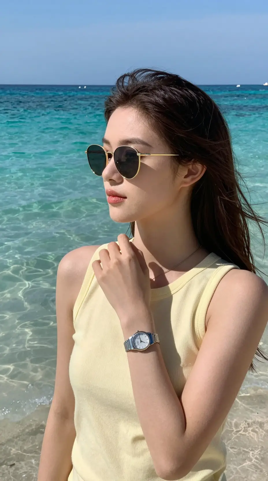 A relaxed figure enjoys clear turquoise water beneath a soft blue sky
