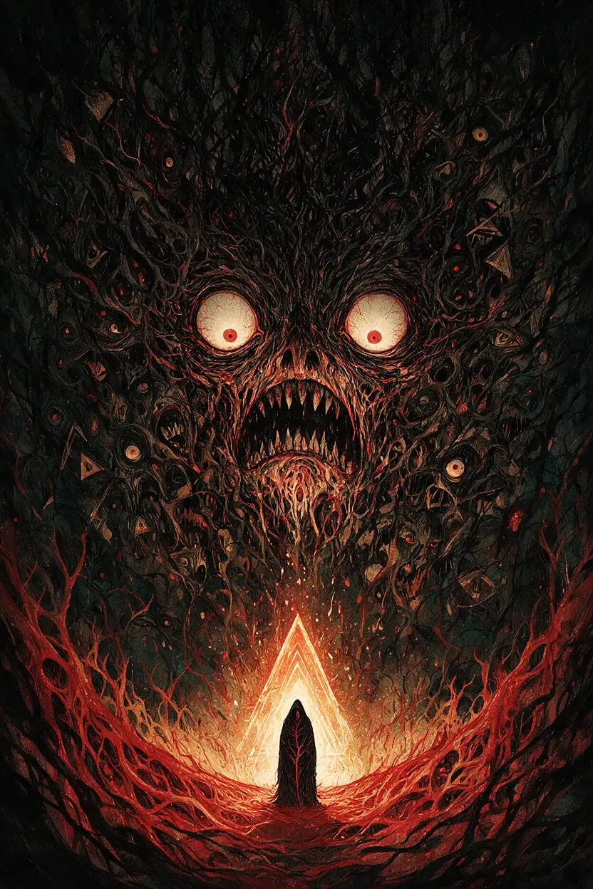 A solitary figure faces a colossal grotesque face in a vast abyss