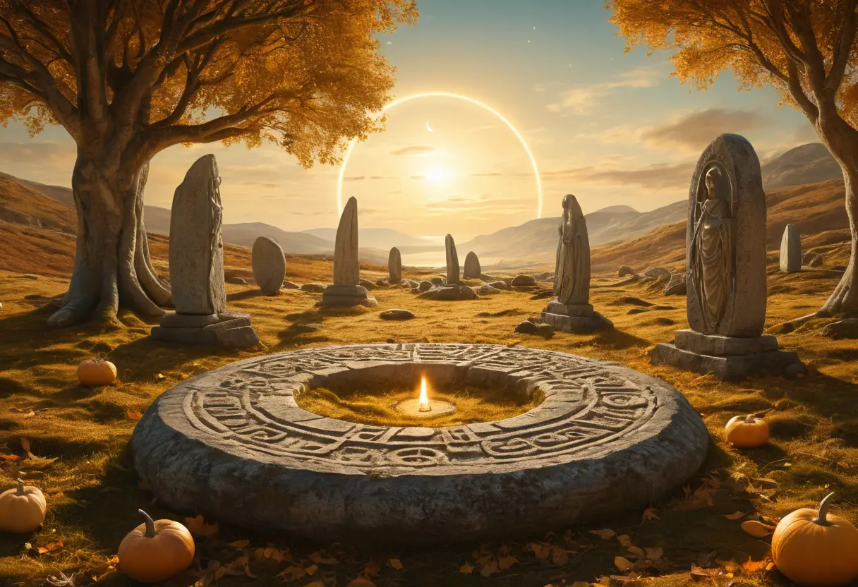 A sacred stone circle glows in ethereal autumn equinox light
