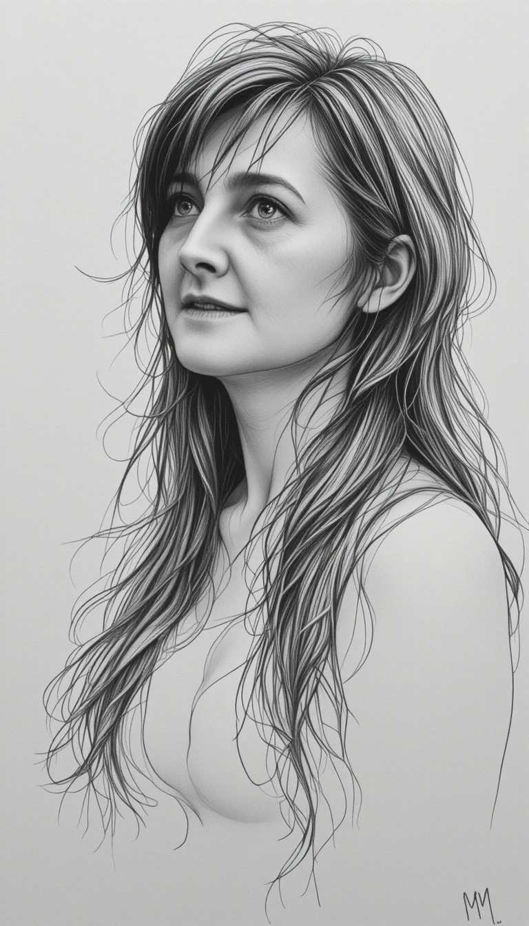 A black and white pencil portrait of a woman with flowing hair